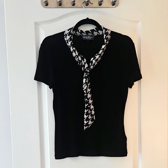 Salvatore Ferragamo Tops - Salvatore Ferragamo Semi Sheer Black Top with attached Houndstooth Scarf [AS IS]